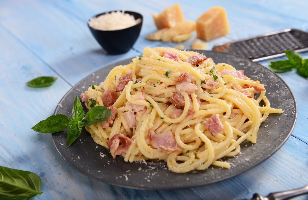 Image of spaghetti carbonara on a plate using Riverland Ham