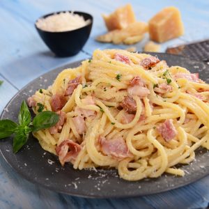 Image of spaghetti carbonara on a plate using Riverland Ham